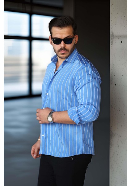 Scorsese Çizgili Relaxed Fit Erkek Gömlek - Parlement Mavi modelleri