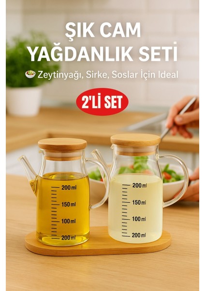 2’li Cam Yağlık Sirkelik Seti 200 ml Ölçülü Borosilikat Cam Yağdanlık + Bambu Stand