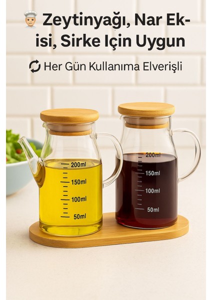 2’li Cam Yağlık Sirkelik Seti 200 ml Ölçülü Borosilikat Cam Yağdanlık + Bambu Stand fiyatları