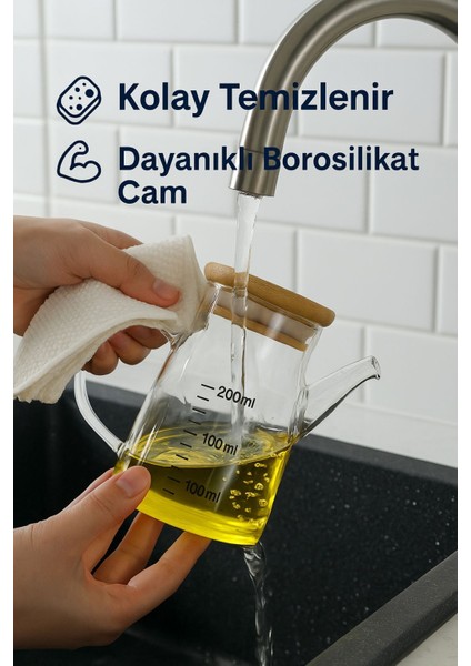 2’li Cam Yağlık Sirkelik Seti 200 ml Ölçülü Borosilikat Cam Yağdanlık + Bambu Stand indirimleri