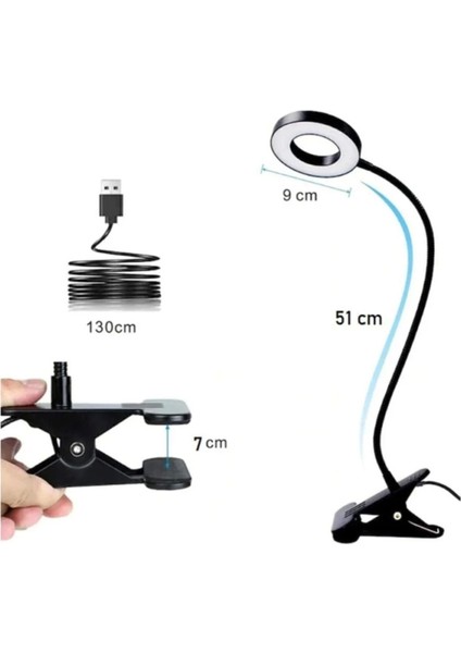 Mandallı Çok Renkli LED Çalışma ve Okuma Işığı, Ayarlanabilir Masa Lambası, Telefon Tutucu