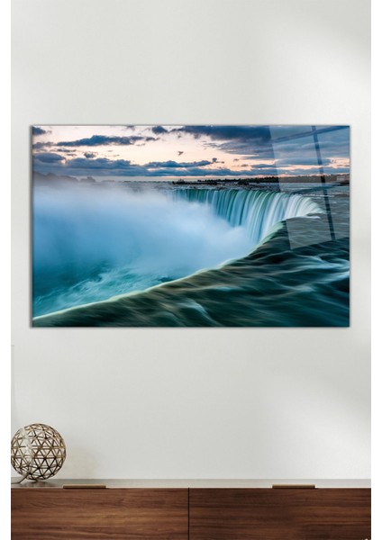 Turkuaz Gökyüzü ve Şelale Yatay Cam Tablo, Modern Ev Dekoru Hediyelik Duvar Dekorasyonu Kırılmaz Cam