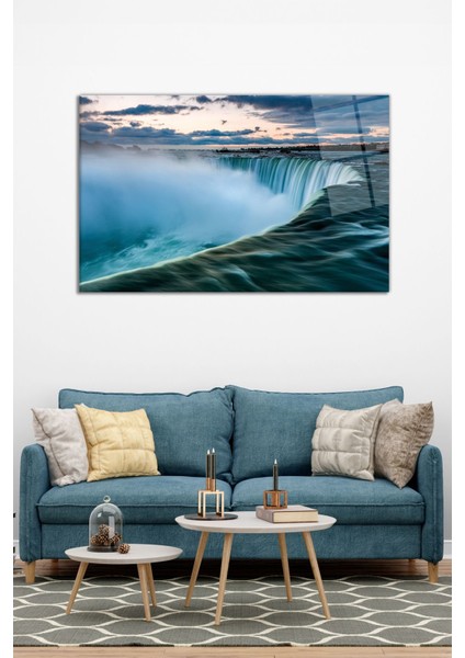 Turkuaz Gökyüzü ve Şelale Yatay Cam Tablo, Modern Ev Dekoru Hediyelik Duvar Dekorasyonu Kırılmaz Cam modelleri