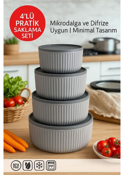 4'lü Kapaklı Gıda Saklama Kabı Seti – Mikrodalga ve Difrize Uygun