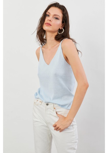 Kadın Bebe Mavi V Yaka Triko Bluz KZ546