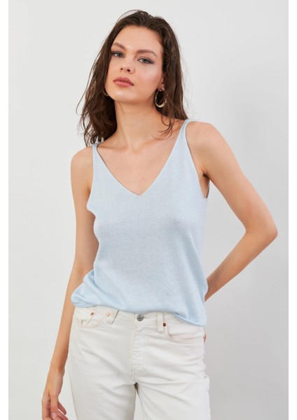 Kadın Bebe Mavi V Yaka Triko Bluz KZ546 modelleri