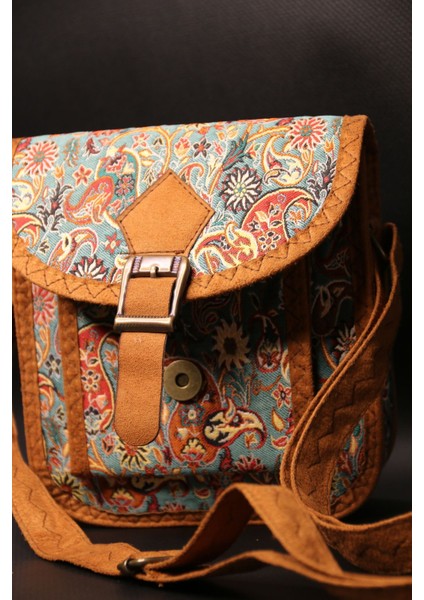 Etnik Tarz Haki Omuz Çantası, Günlük Kullanım, Kilim Desenli, Askılı, 17X18X6 cm