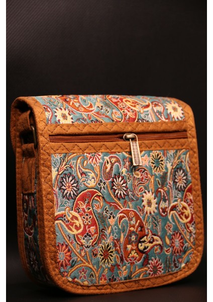 Etnik Tarz Haki Omuz Çantası, Günlük Kullanım, Kilim Desenli, Askılı, 17X18X6 cm