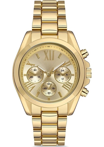 Zarif ve Şık Özel Tasarım Roma Rakam Detaylı Metal Bayan Kol Saati (Gold)