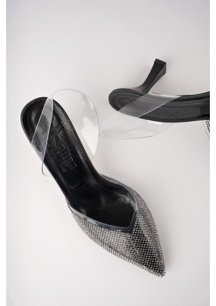 Juliet Garantili Kadın Sivri Burun Parlak Taşlı Arkası Açık Şeffaf Bantlı Topuklu Ayakkabı