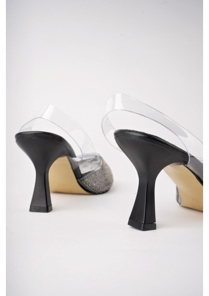Juliet Garantili Kadın Sivri Burun Parlak Taşlı Arkası Açık Şeffaf Bantlı Topuklu Ayakkabı