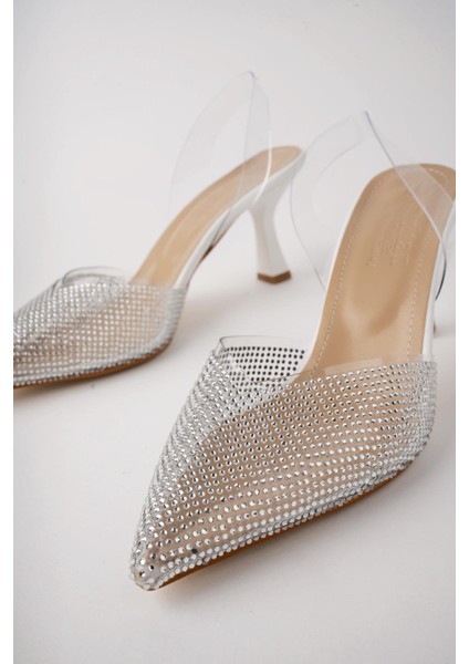 Juliet Garantili Kadın Sivri Burun Parlak Taşlı Arkası Açık Şeffaf Bantlı Topuklu Ayakkabı