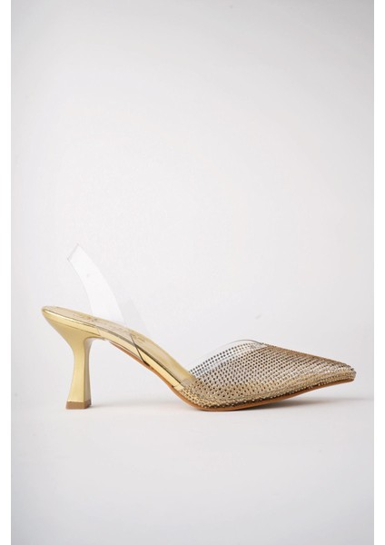 Juliet Garantili Kadın Sivri Burun Parlak Taşlı Arkası Açık Şeffaf Bantlı Topuklu Ayakkabı