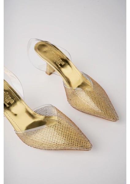 Juliet Garantili Kadın Sivri Burun Parlak Taşlı Arkası Açık Şeffaf Bantlı Topuklu Ayakkabı