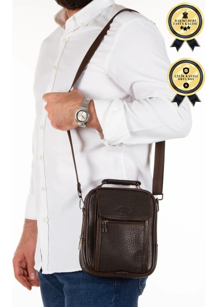 Kahverengi Hakiki Deri Erkek El Çantası (Orta Boy 17X20CM) Şıklık ve Kullanışlılık Sağlar
