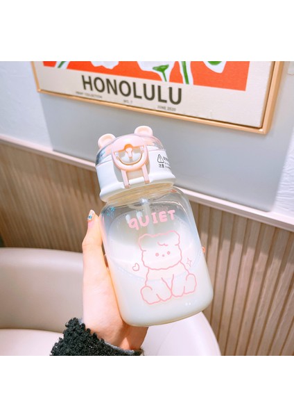 Cam Kupa Sevimli Ayı Pipetli Kupa Öğrenci Kullanışlı Kupa (Yurt Dışından)