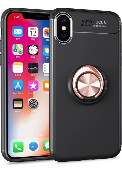 iPhone Xs Kılıf Range Yüzüklü Silikon - Siyah-Gold