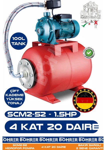 Scm2-52 1.5 Hp Çift Kademeli 100L Yatay Genleşme Tank -- Otomatik Hidrofor Bina Bahçe Su Pompası – 4 Kat 20 Daire - Su Basıncında Profesyonel Çözüm