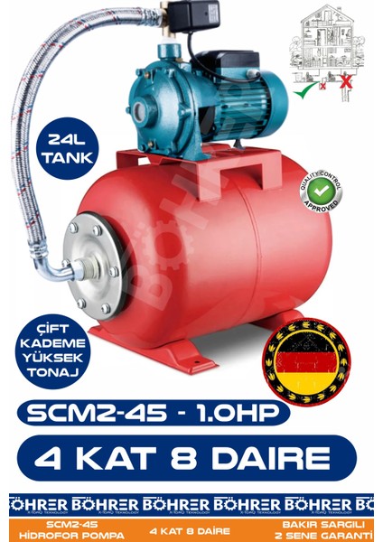Scm2-45 1.0 Hp Çift Kademeli 24L Yatay Genleşme Tank -- Otomatik Hidrofor Bina Bahçe Su Pompası – 4 Kat 8 Daire - Su Basıncında Profesyonel Çözüm