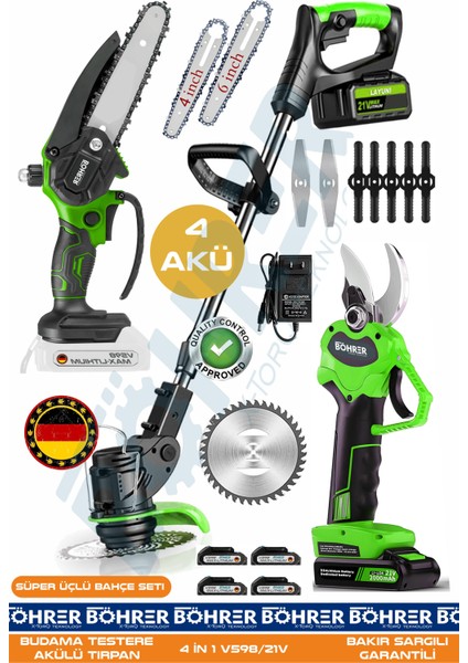 21V 5AH +4 Akülü BA01114Y Uzayan Teleskopik Kol Çim Biçme - Akülü Zincirli Budama Testeresi ve 30MM Budama Makası - Pratik Süper 3'lü Set