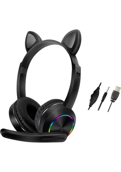 Bfs AKZ020 Kafa Üstü Işıklı Kedi Kulaklık - Siyah