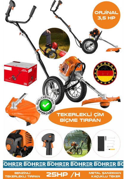 Alman Pro BA01075T 25HP/H Tekerlekli Benzinli Diken Çalı Çim Biçme Tırpan Makinesi