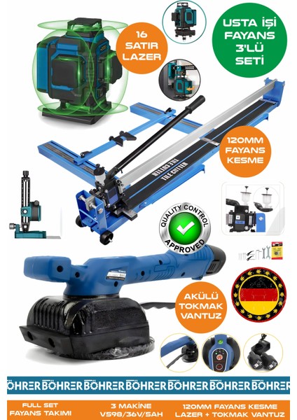 Alman Pro BA01076M 3'lü Usta Fayans Seti - 120MM Fayans Kesme + Tokmak Vantuz + 16 Satır Lazer Hizalama Makinesi