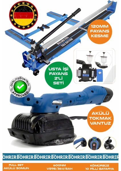 Alman Pro BA01078M 2'li Usta Fayans Seti - 120MM Lazerli Yağlı Süper Kesim Fayans Kesme + Titreşimli Kademeli Fayans Vantuz Tokmak Makinesi