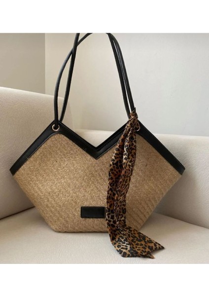 Şık Siyah Keten Omuz Askılı Fermuarlı Fular Detaylı Çanta