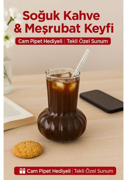 1 Adet Premium Cam Bardak Cam Pipet Hediyeli– Soğuk Kahve, Limonata ve Soda Sunumlar 500 ml