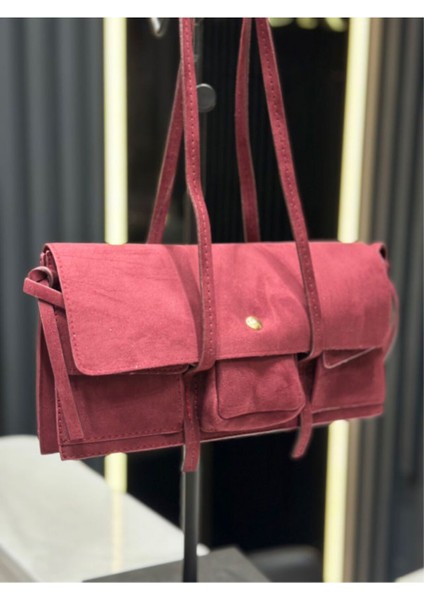 Şık Süet Bordo Kadın El ve Omuz Çantası