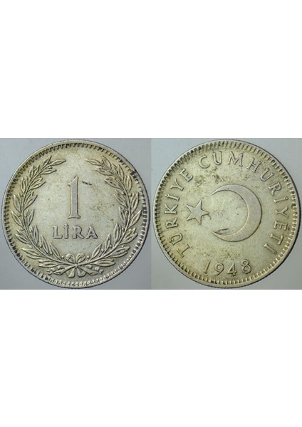 Türkiye Cumhuriyeti Gümüş 1 Lira 1948 Çilaltı(-) Kondisyon.
