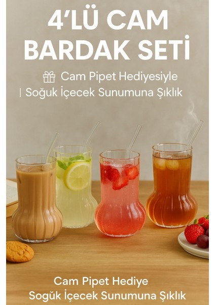 4 Adet Premium Cam Bardak Cam Pipet Hediyeli– Soğuk Kahve, Limonata ve Soda Sunumlar 500 ml