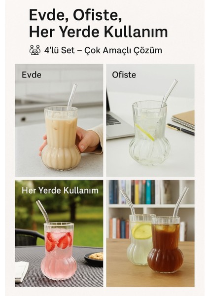 4 Adet Premium Cam Bardak Cam Pipet Hediyeli– Soğuk Kahve, Limonata ve Soda Sunumlar 500 ml modelleri