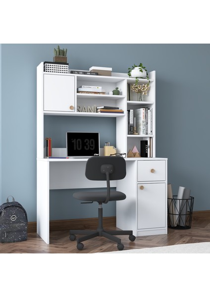 HA128 Kitaplıklı Raflı 2 Kapaklı 1 Çekmeceli Çalışma Ofis Bilgisayar Masası Beyaz fırsatları
