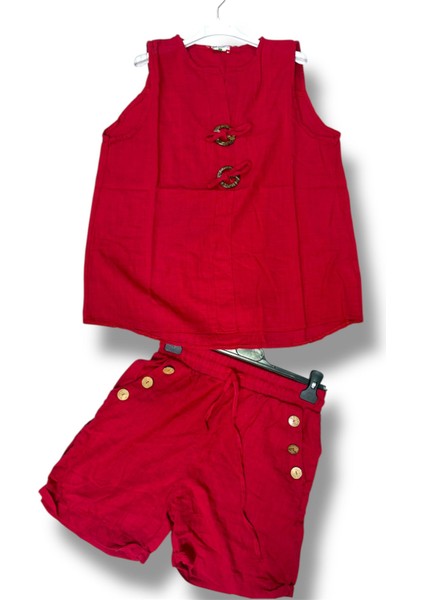 Kadın Keten Pamuk Düğmeli Şort ve Düğmeli Kolsuz Bluz Takım