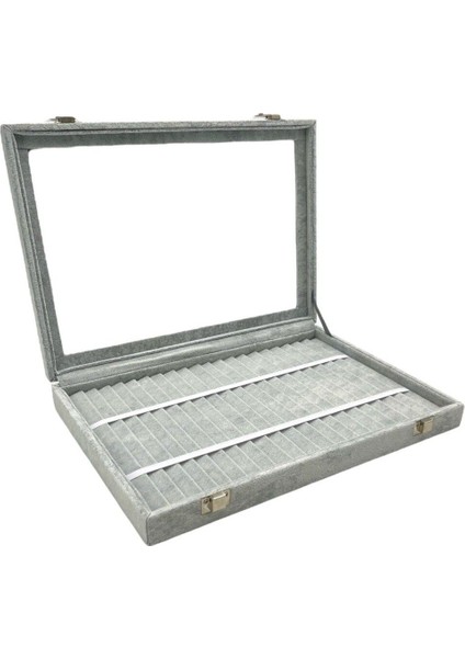 Gri Süet Cam Kapaklı Bileklik Saklama Kutusu, Şık ve Düzenli Kullanım Sağlar.