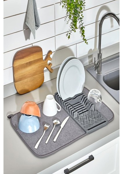 Mikrofiber Katlanabilir Bulaşık Kurutma Matı ve Tabaklık – Kaymaz Tabanlı, Hızlı Kuruyan, 37X38 cm