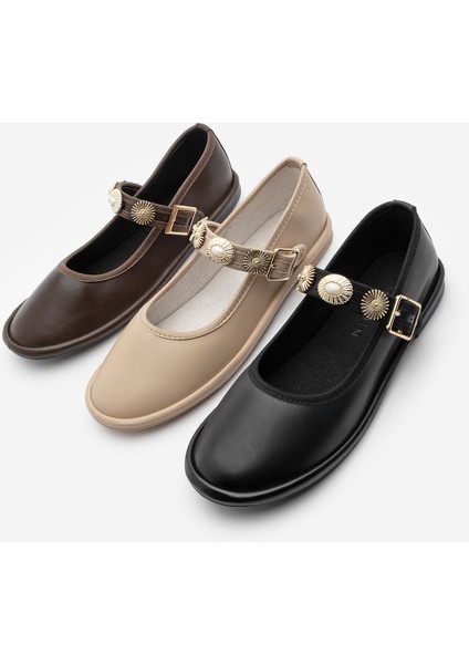 Kadın Bantlı Gold Tokalı Babet Semura Kahve