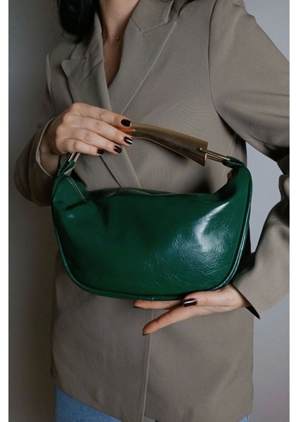 Şık Yeşil Gold Tasarım Kadın El, Kol ve Omuz Çantası, Kahverengi Renkli