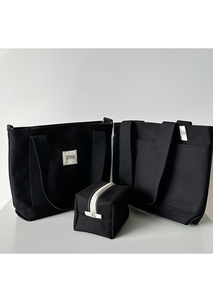 3'lü Kadın Kanvas Çanta Seti, El ve Omuz Çantası, Makyaj Çantası, Siyah