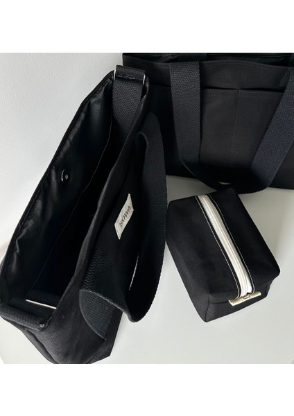 3'lü Kadın Kanvas Çanta Seti, El ve Omuz Çantası, Makyaj Çantası, Siyah fiyatları