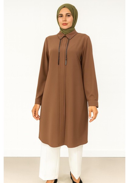 1521 Gömlek Yaka Kol Ucu Manşetli Önden Detaylı Şık Tunik #102429#