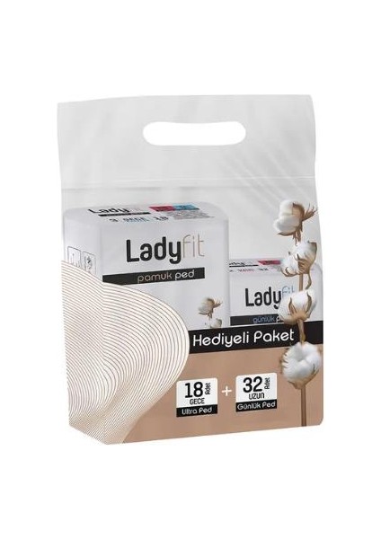 Lady Fit Cotton Ped Hediyeli Paket 18 Adet Gece Ultra Ped + 32 Adet Uzun Günlük Ped