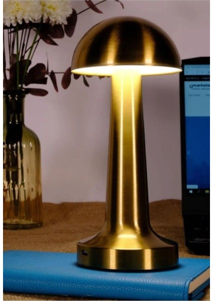 Şık Metal Bakır Mantar Masa Lambası, Kablosuz, Ledli, Dekoratif ve Dayanıklı