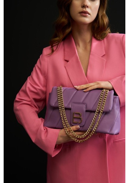 Mor Desenli Zincir Askılı Çok Amaçlı Kadın El ve Omuz Çantası