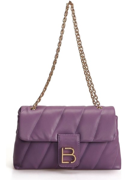 Mor Desenli Zincir Askılı Çok Amaçlı Kadın El ve Omuz Çantası