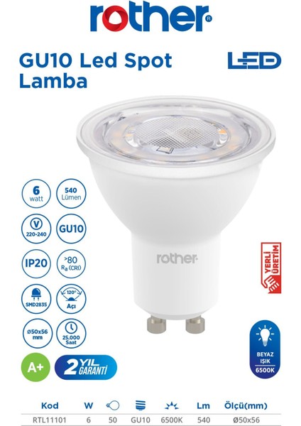 RTL11101-5 Rother GU10 LED Spot Ampul 6W 540 Lümen 6000K Beyaz Işık Enerji Tasarruflu Ampul 5 Adet fiyatları