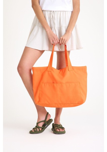 Renkli Astarlı Kadın Omuz Çantası, Plaj ve Günlük Kullanım, 4 Cepli, Turuncu