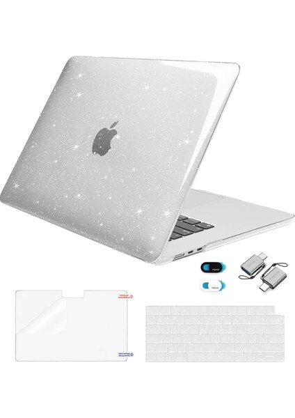 MacBook Air 15 Inç Kılıf 2023 Sürümü A2941 M2 Çip ile Uyumlu, Işıltılı Simli Plastik Sert Kılıf&klavye Kapağı&ekran Koruyucu&web Kamerası Kapağı&c Tipi Adaptör 2'li Paket, Şeffaf (Yurt Dışından)